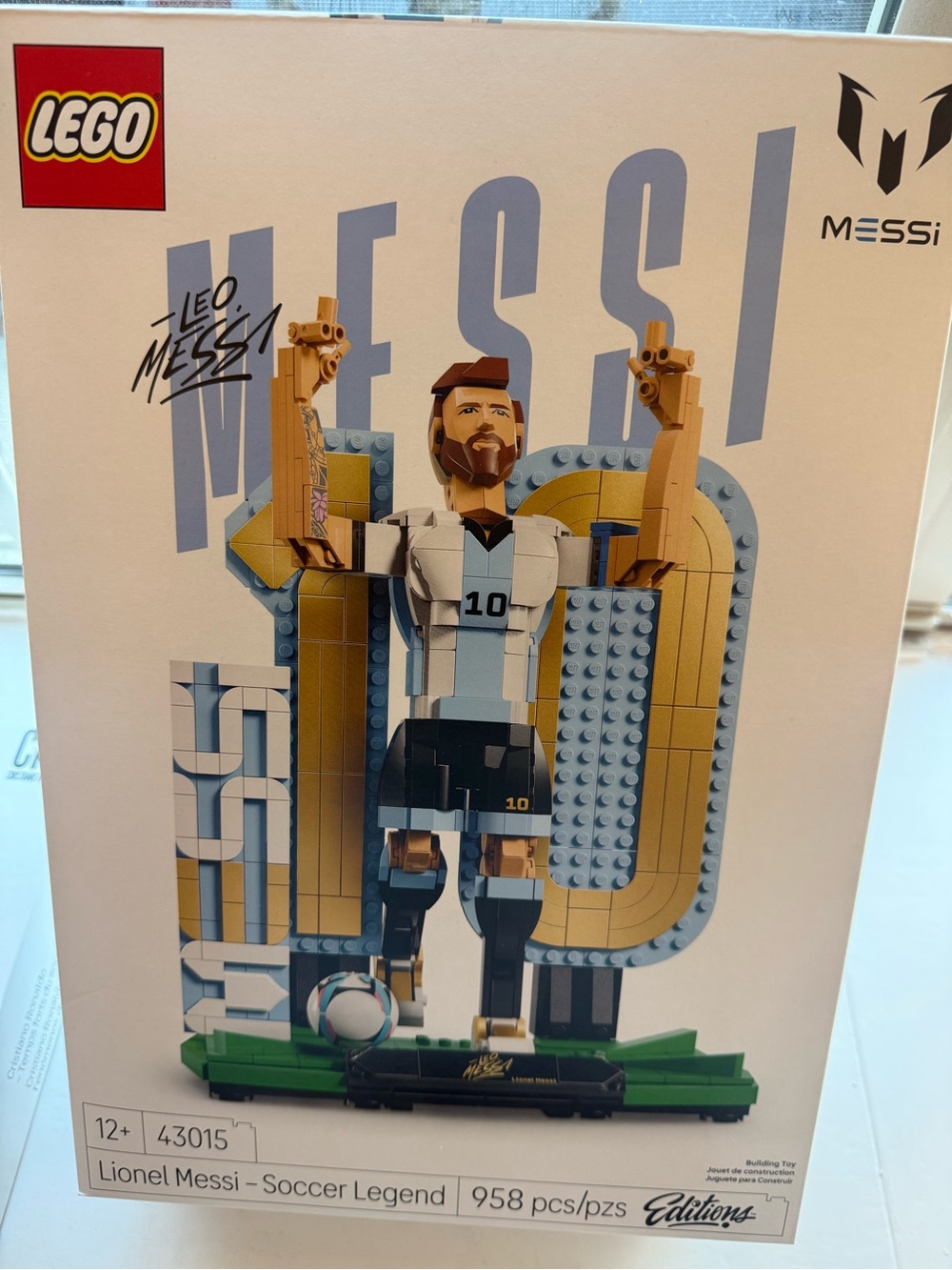 Lego Messi Figure in White, Light Blue, Gold and Black
